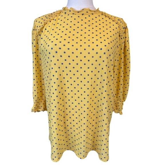 2/$25 Zara Medium Basic Yellow With Navy Polka Dots Blouse - Picture 5 of 11